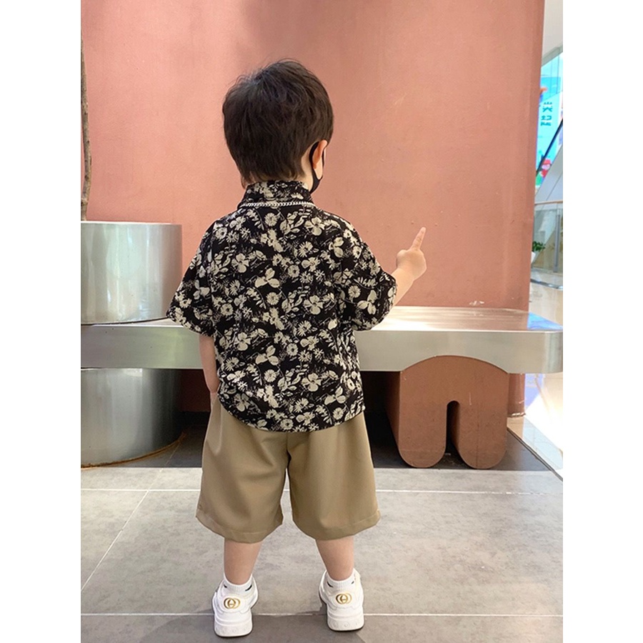 Bộ Áo Sơ Mi Ngắn Tay + Quần Short In Hoa Thời Trang Mùa Hè 2023 Cho Bé Trai