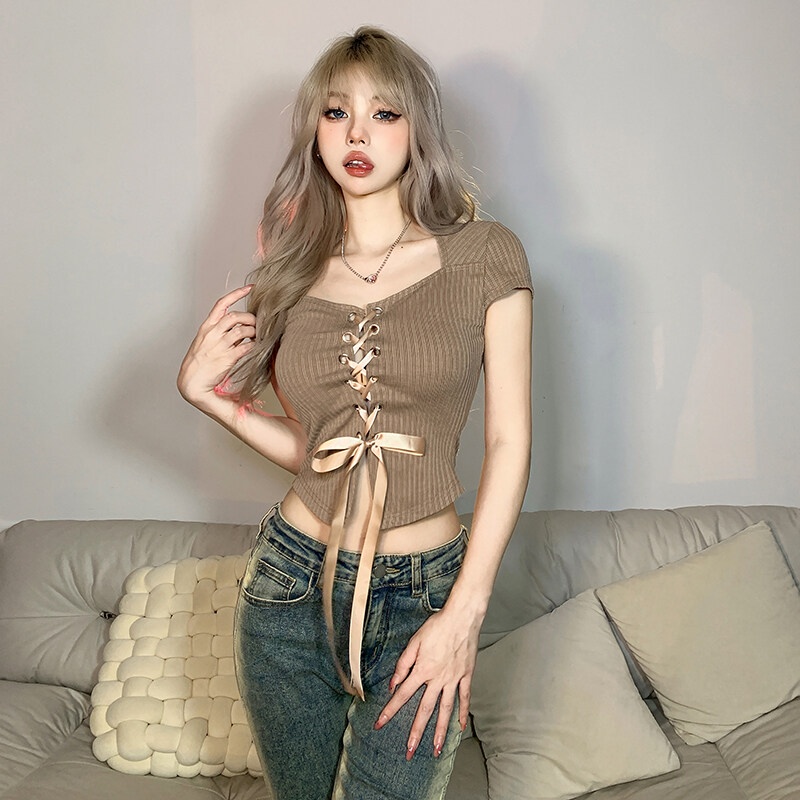 Weird Puss Áo Croptop Cổ Vuông Tay Ngắn Cột Dây Màu Trơn Thời Trang Quyến Rũ Cho Nữ