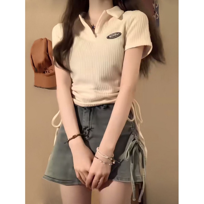Áo Thun baby tee croptop nữ Ngắn Tay Cổ Chữ v Phối Dây Rút Phong Cách Mỹ Thời Trang Mùa Hè Mới 2023 Cho Nữ
