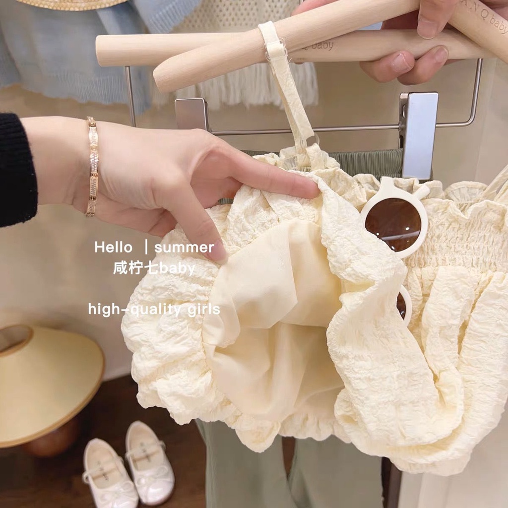 Áo Hai Dây Mùa Hè 2023 Viền Gỗ Màu Trơn Phong Cách Hàn Quốc Cho Bé Gái