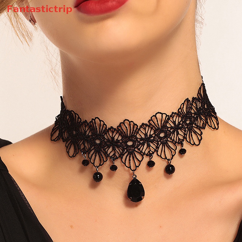 Vòng Cổ Choker Ren Đính Hạt Pha Lê Đen Phong Cách Gothic Cổ Điển Cho Nữ Mới