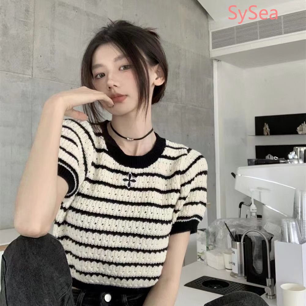 Áo Dệt Kim Kẻ Sọc Cổ Tròn Thời Trang Mùa Hè Cho Nữ