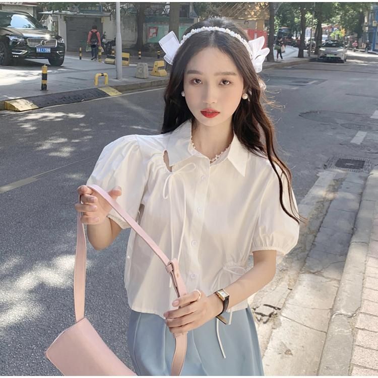 Áo Thun Ngắn Tay Dáng Rộng Phối Dây Rút Thời Trang Mùa Hè Dễ Thương