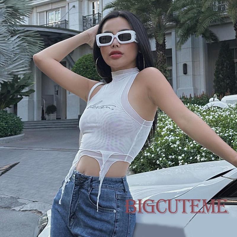 [] - Áo Thun Không Tay Cổ Lọ Đính Kim Sa Chữ Cái Thời Trang Đi Hộp Đêm Cho Nữ