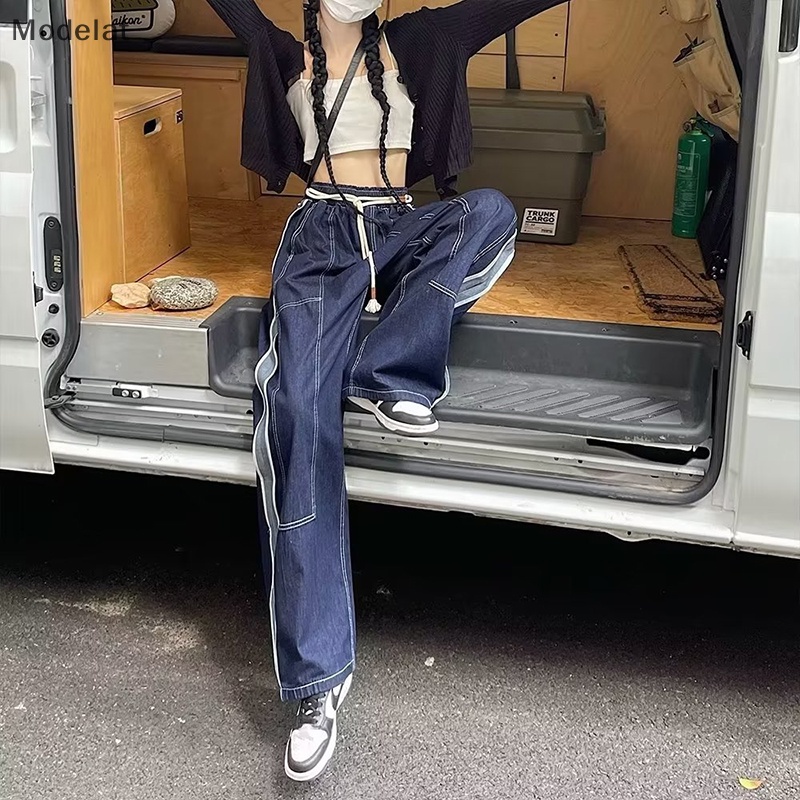 Quần Jean Ống Rộng Phối Dây Rút Màu Sắc Tương Phản Phong Cách Hip Hop MFC Thời Trang Cho Nữ