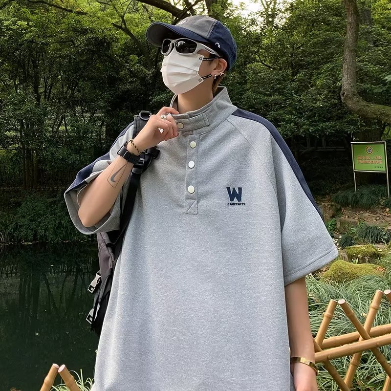 Áo Thun Polo Tay Ngắn Cổ Đứng Phối Màu Tương Phản Phong Cách Retro Mỹ Cho Nam