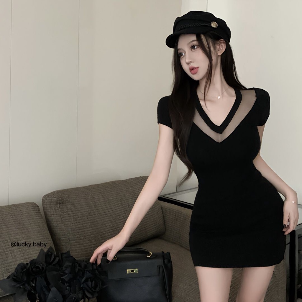 Đầm Đen Tay Lửng Cổ Chữ v Eo Cao Thời Trang Mùa Hè Cho Nữ