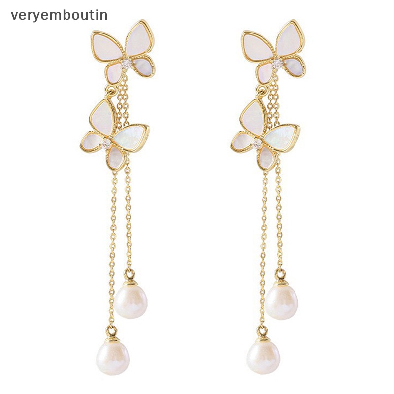 1 Đôi Bông Tai Dáng Dài Hình Bướm Đính Ngọc Trai Lãng Mạn Thời Trang Cho Nữ
