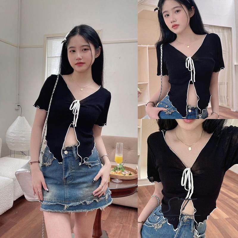 Áo Thun Tay Ngắn Cổ Chữ V Phối Dây Rút Thời Trang CY03 Cho Nữ