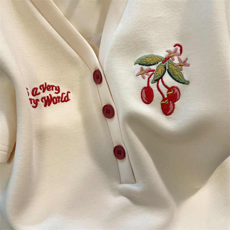 Áo Thun Tay Ngắn Cổ Chữ V Dáng Rộng In Hình Quả Cherry Thời Trang Mùa Hè Cho Nữ