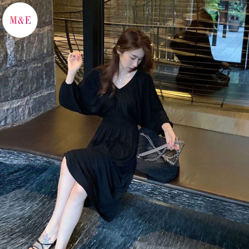 Đầm Hai Dây Dáng Dài Cổ Chữ V Màu Đen Phong Cách Hàn Quốc Thanh Lịch Thời Trang 2023