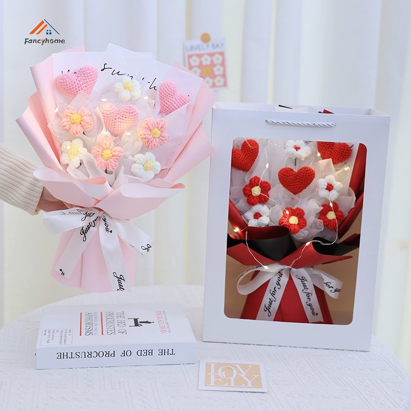 Bó Hoa Hồng Đan Tay Màu Đỏ Xanh Dương Thiết Kế Đơn Giản Sáng Tạo Dùng Làm Quà Tặng Cho Bạn Gái