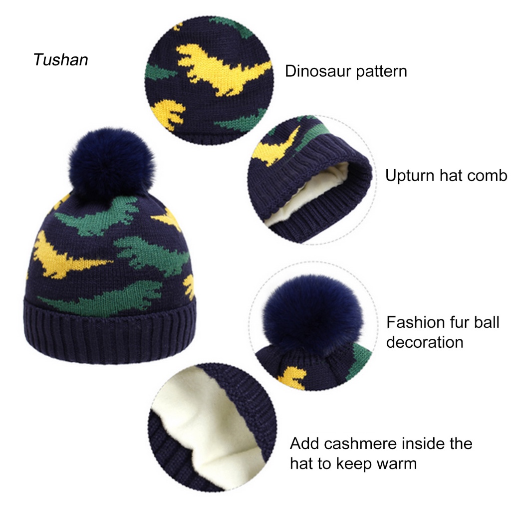 Mũ Beanie Dệt Kim Viền Xoăn Đính Bóng Lông Họa Tiết Khủng Long Hoạt Hình Thời Trang Thu Đông Cho Bé