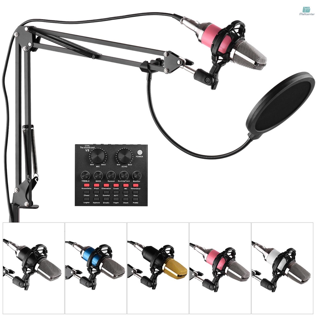 Professional Broadcasting Studio Recording Condenser Microphone Kit with External Sound Card + Mic Windscreen + Shock Mount + Adjustable Suspension Scissor Arm Stand + Mounting Clamp + Pop Filter + Au