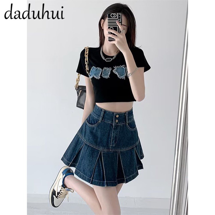 Daduhui New Korean Version of Ins Blue Denim Skirt High Waist Niche Pleated Skirt A- line Skirt Bag Hip Skirt