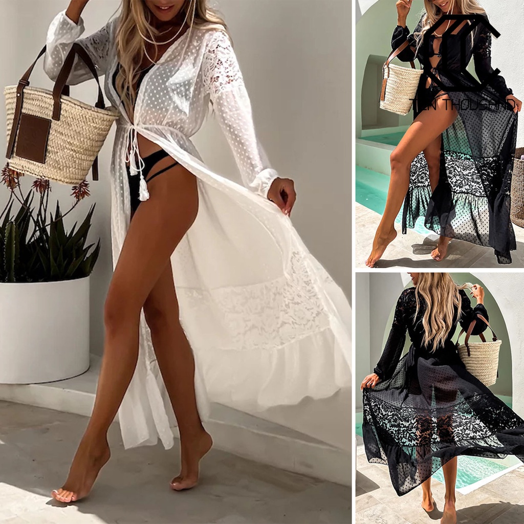Áo Khoác Ngoài Bikini Phối Ren Mỏng Xuyên Thấu Tay Dài Chống Nắng Dạng Tua Rua Dành Cho Mùa Hè