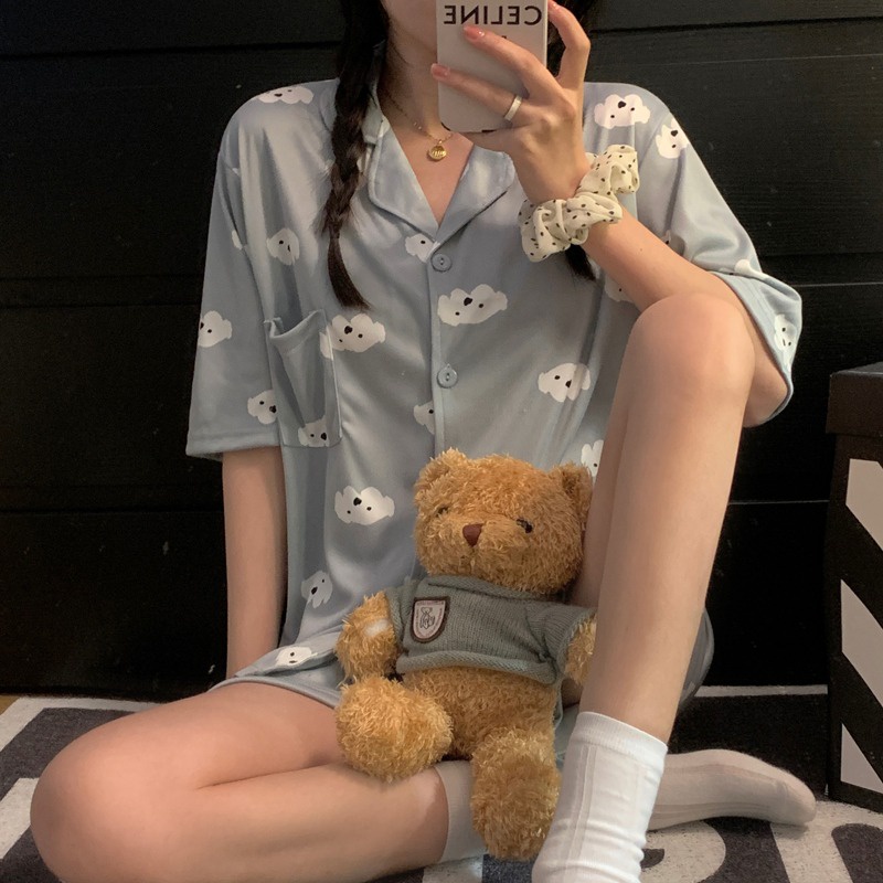 Bộ Đồ Ngủ Dáng Rộng Họa Tiết Hoạt Hình Xinh Xắn Theo Phong Cách Mùa Hè Hàn Quốc Dành Cho Nữ