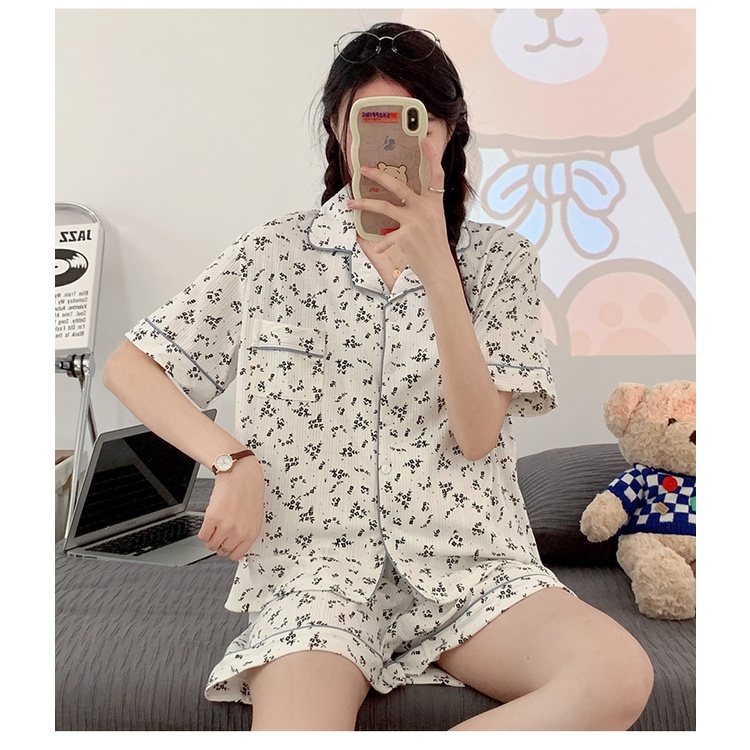 Bộ Đồ Ngủ Ngắn Tay Họa Tiết Kẻ Sọc Thời Trang Mùa Hè Phong Cách Hàn Quốc Mới Cho Nữ