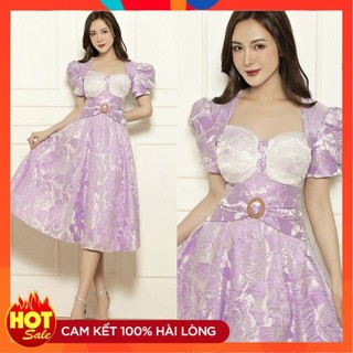 [ĐƯỢC KIỂM TRA HÀNG] Đầm gấm xoè tay phồng cao cấp (đầm dự tiệc cao cấp) tặng hoa tai thời trang xinh xắn - Yêu Shop 85