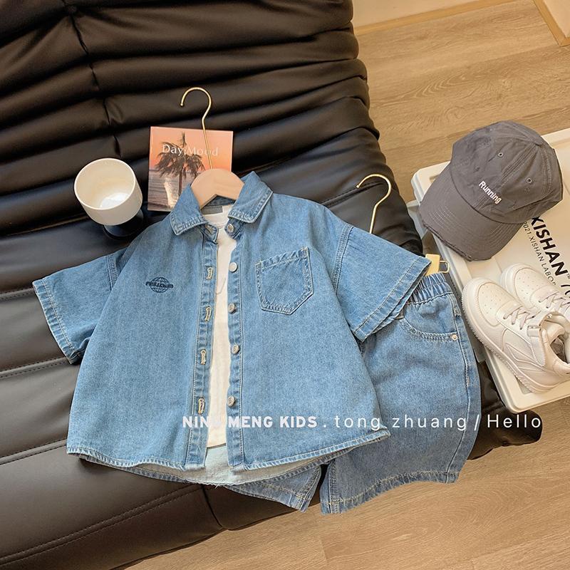 Bộ Áo Sơ Mi Denim + Quần Short Phong Cách Hàn Quốc Thời Trang Mùa Hè Cho Bé Trai