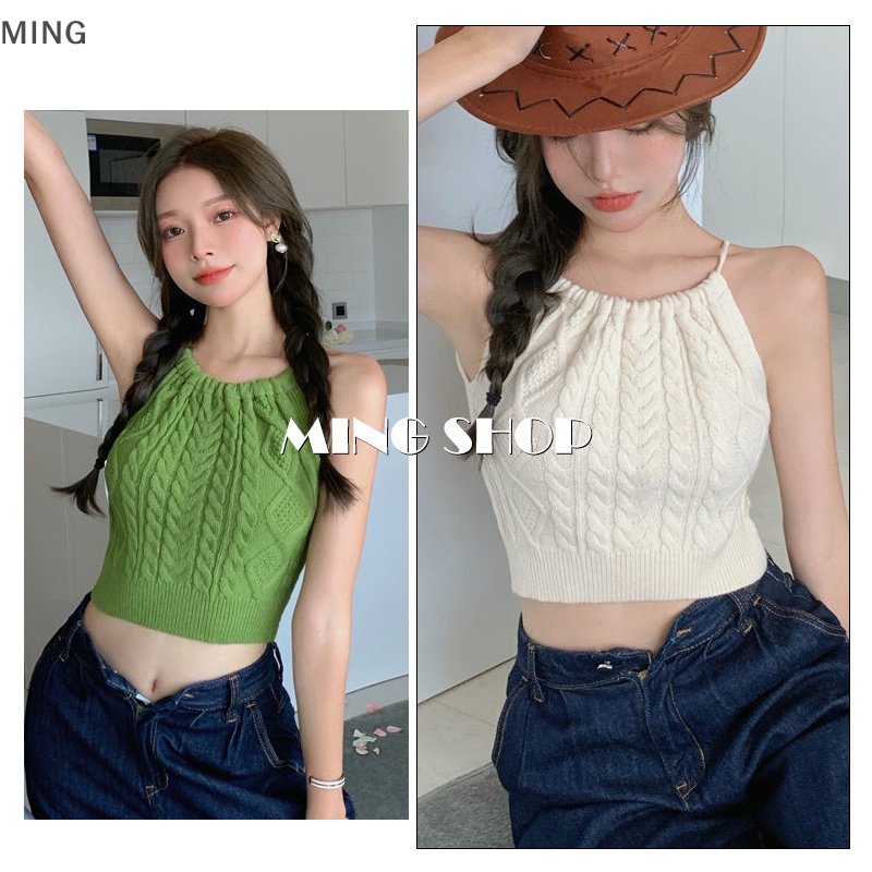 Áo Croptop Dệt Kim Không Tay Hở Lưng Phối Ren Gợi Cảm