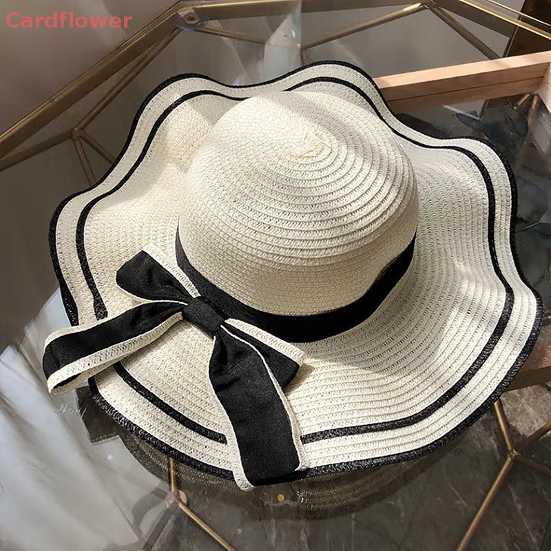 < Cardflower > Mũ Cói Che Nắng Đi Biển Mùa Hè Phối Nơ Gợn Sóng Đôi Thời Trang Mới