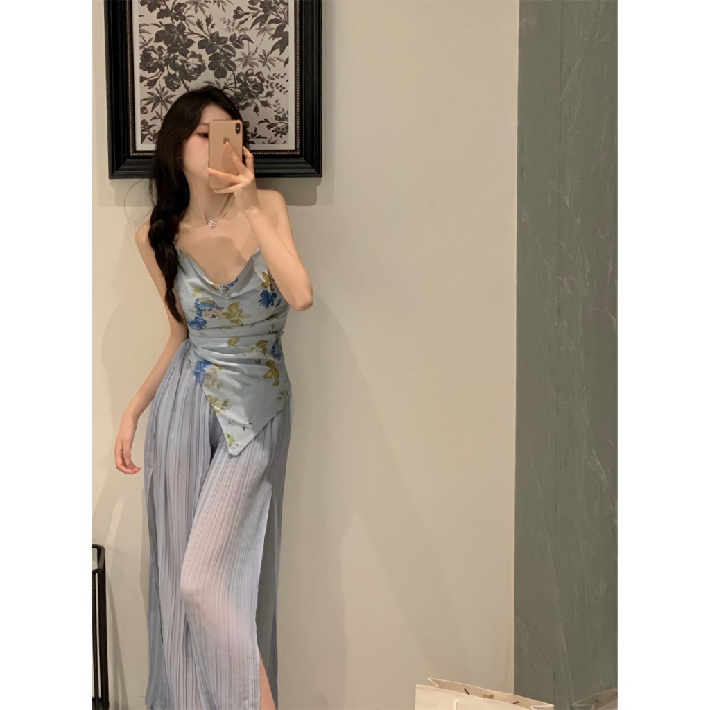 Áo Hai Dây Mùa Hè Dáng Ôm In Họa Tiết Màu Xanh Dương Quyến Rũ Phong Cách Thái Lan Cho Nữ