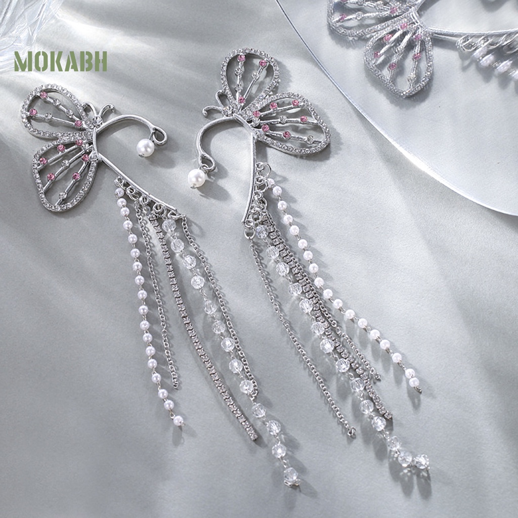 [Mới] 1 Bông Tai Dài Hình Bướm Đính Ngọc Trai Giả Trang Trí Không Cần Khoan Lỗ Thanh Lịch Dành Cho Nữ