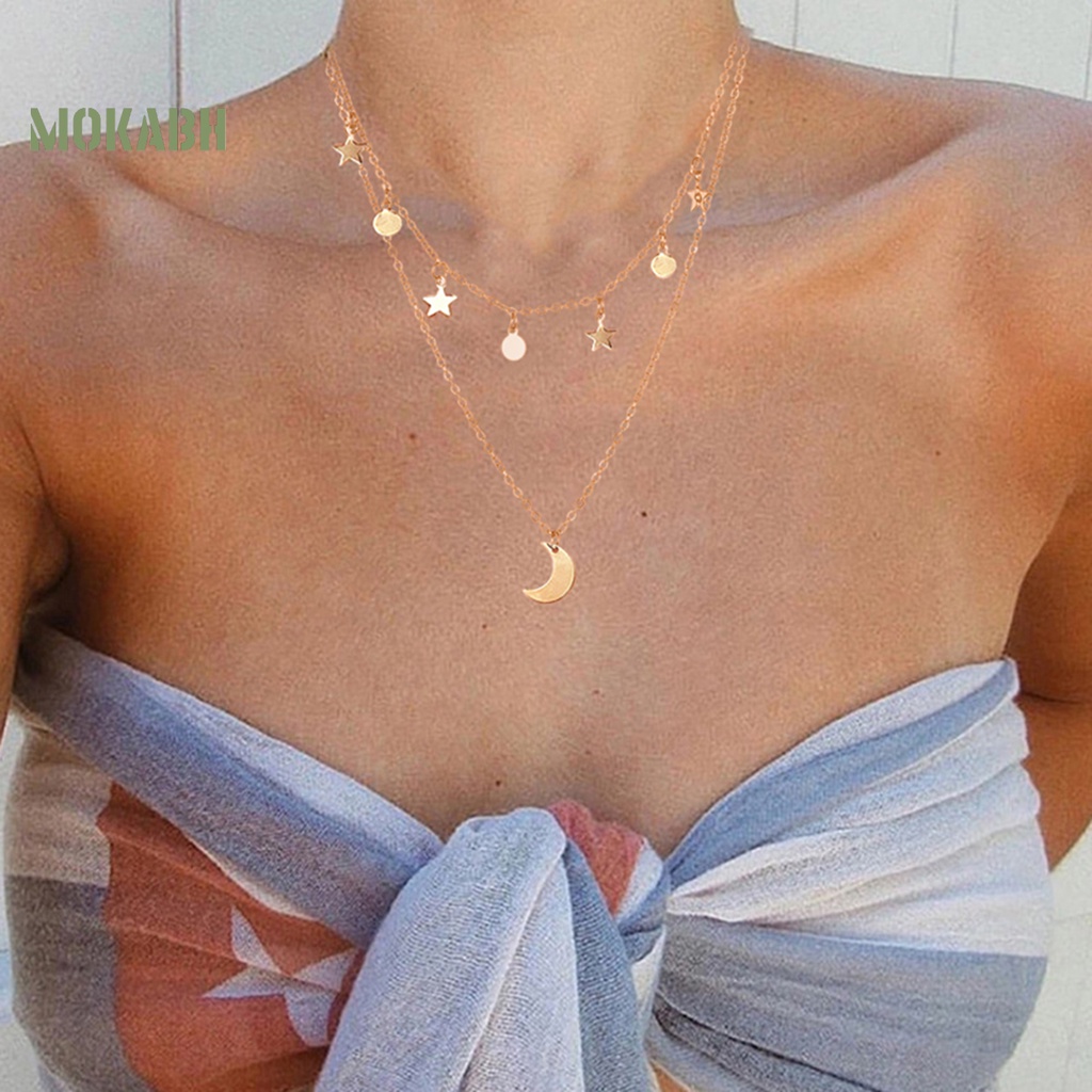 [Mới] Vòng cổ Hai Lớp Mặt Hình Ngôi Sao Mặt Trăng Bằng Kim Loại Có Thể Điều Chỉnh Không Gây Dị Ứng