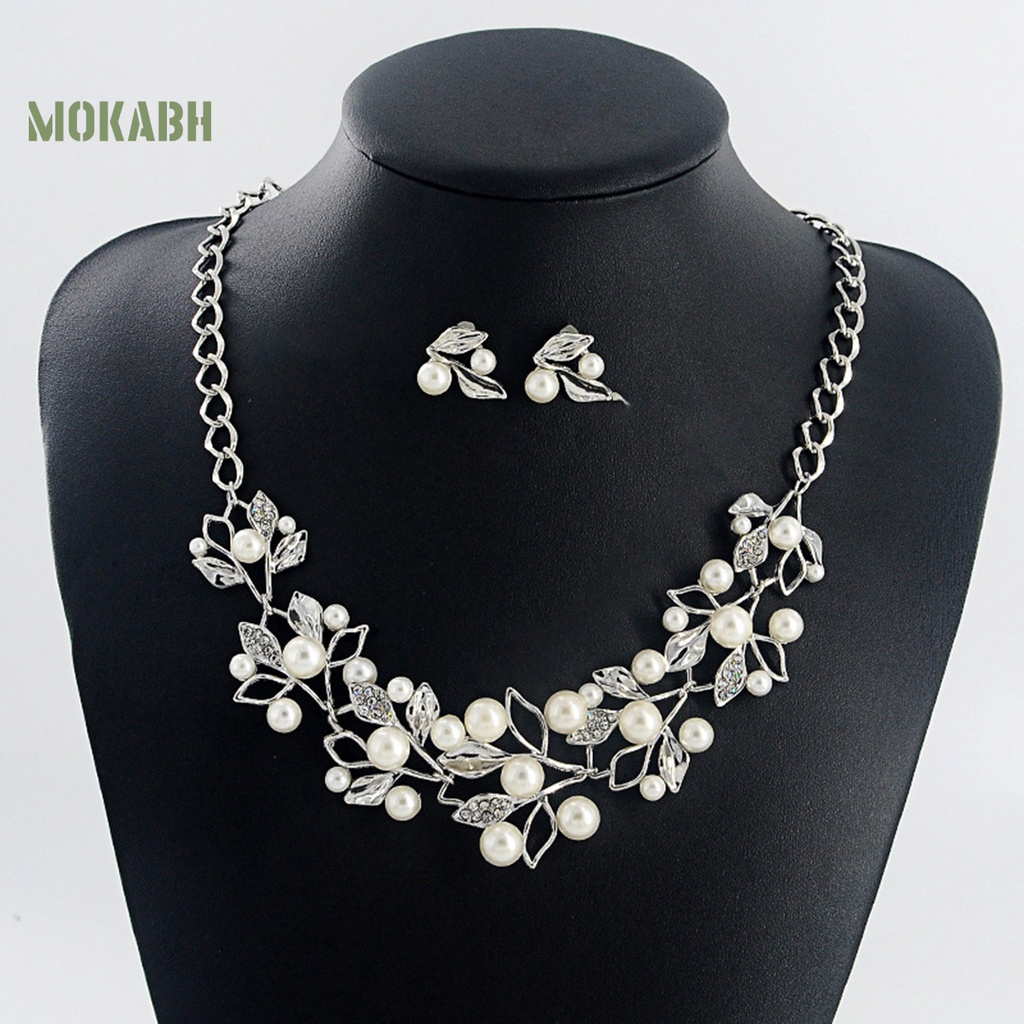 1 Bộ Vòng cổ + Bông Tai Hình Chiếc Lá Đính Đá &amp; Ngọc Trai Giả Sang Trọng