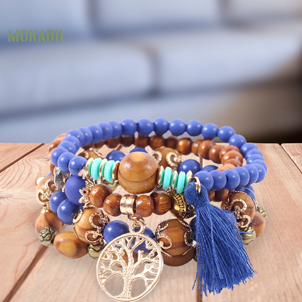 Bộ 4 Vòng Tay Chuỗi Hạt Gỗ Tua Rua Thời Trang Cho Nam Và Nữ