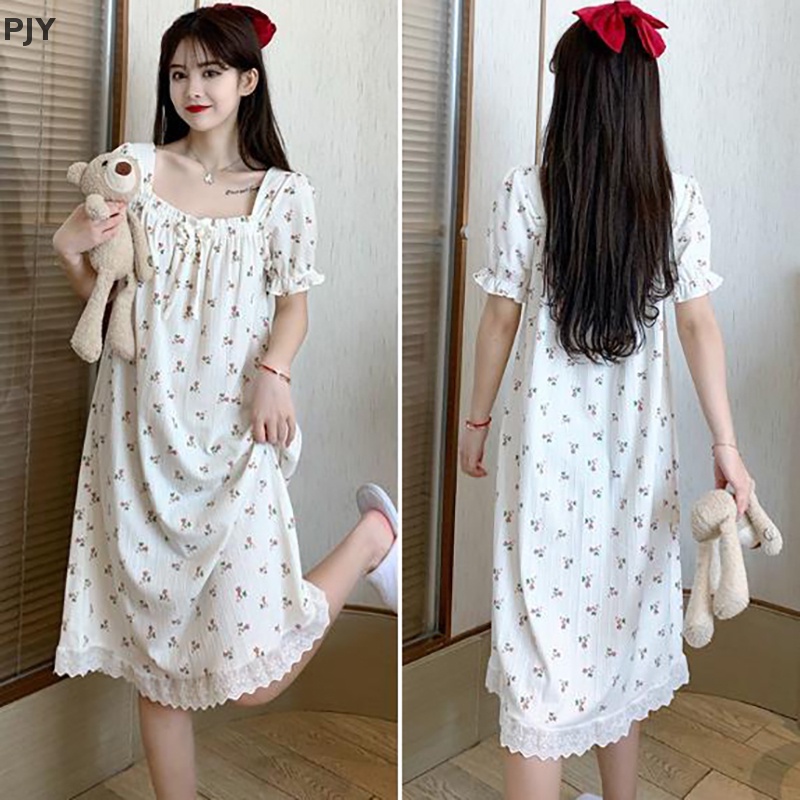 Đồ ngủ Ngắn Tay In Hoa Phối Ren Thắt Nơ Đáng Yêu Cho Nữ PJ
