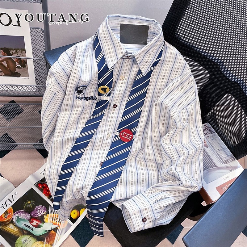 Áo sơ mi YOUTANG dài tay dáng rộng họa tiết sọc phong cách cổ điển Mỹ cho nam và nữ