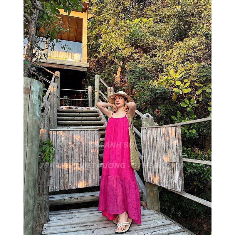 Váy hồng sen 2s tơ nhăn dáng dài nổi bật
