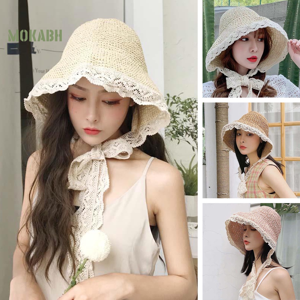 [Mok Abh] Mũ Tai Bèo Dệt Kim Vành Rộng Màu Trơn Có Dây Cột Chống Nắng Phong Cách Đồng Quê Cho Nữ
