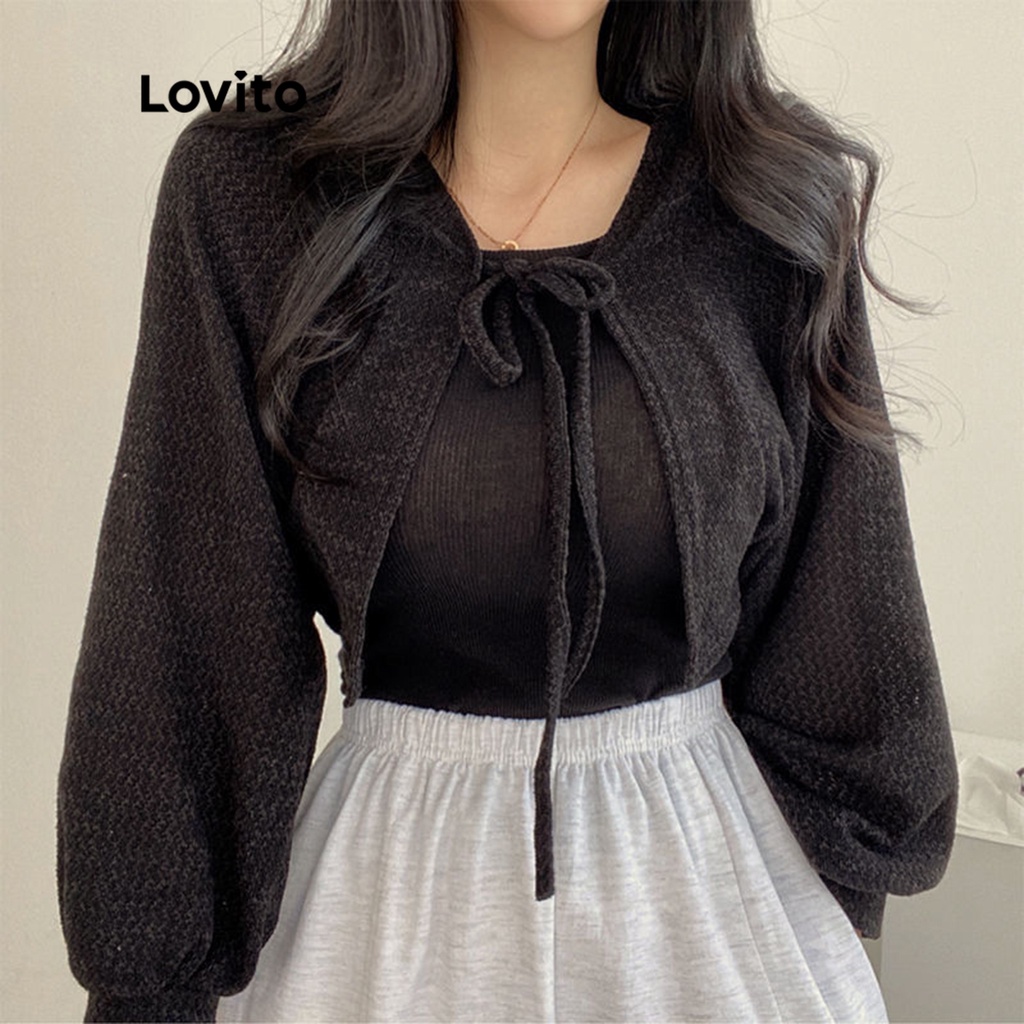 Áo cardigan Lovito tay dài cột dây màu trơn thường ngày cho nữ LNA06032 (Màu trắng/ đen)