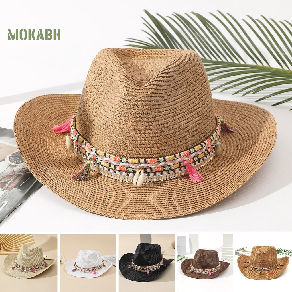 [Mok Abh] Mũ Cói Chống Nắng Vành Rộng Không Xù Lông Nhiều Màu Sắc Phong Cách Bohemia Thời Trang Cho Nam Và Nữ