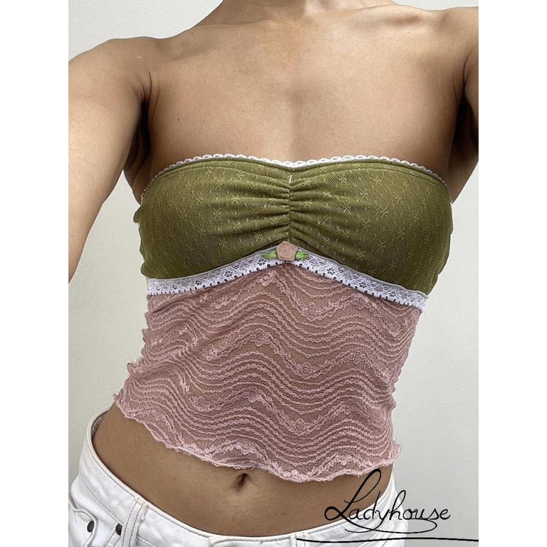 Áo Ống Ren Mỏng Không Dây Màu Sắc Tương Phản Thời Trang Mùa Hè Cho Nữ