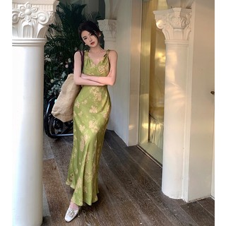 Đầm Hai Dây Dáng Dài Vải Satin In Họa Tiết Màu Xanh Lá Thời Trang Xuân Hè Cao Cấp Cho Nữ
