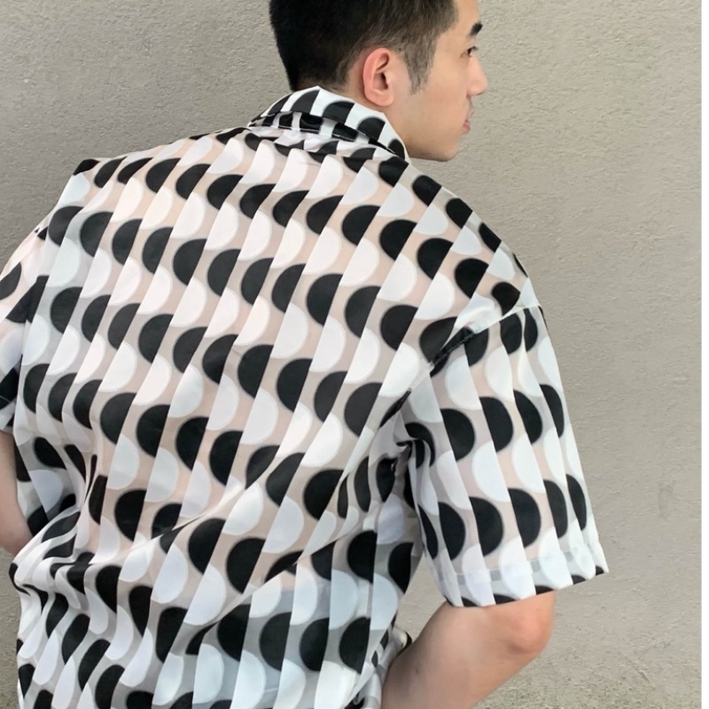 Áo Sơ Mi Ngắn Vải Jacquard Bán Trong Suốt In Họa Tiết Màu Sắc Tương Phản Thời Trang Mùa Hè Cho Nam Và Nữ