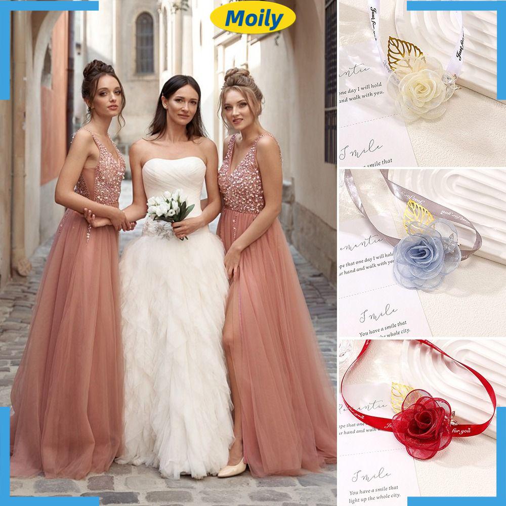 Bộ 2 Vòng Hoa Đeo Cổ Tay Cho Cô Dâu Trong Tiệc CướiHoa Vải Satin Trang Trí Xinh Xắn