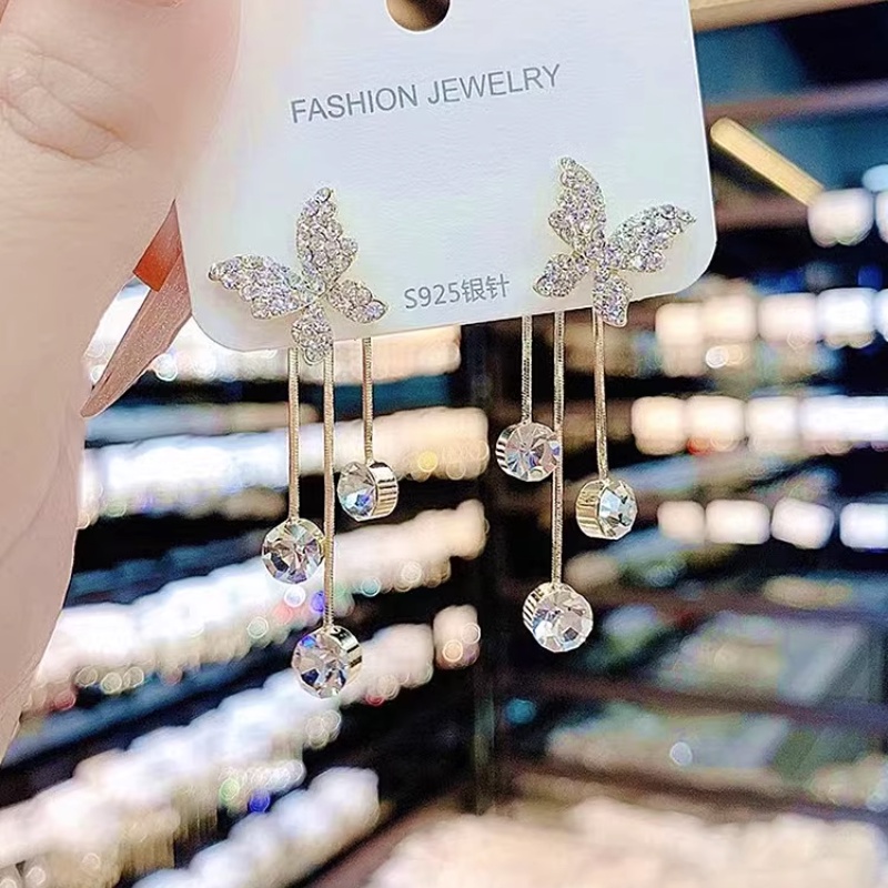 Bông Tai Mạ Bạc 925 Hình Bướm Đính Kim Cương Toàn Diện Phong Cách Hàn Quốc Thanh Lịch