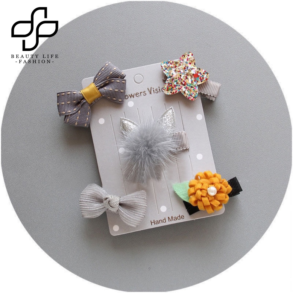Set 5 Kẹp Tóc Nơ / Ngôi Sao / Hoa Mini Thời Trang Cho Bé Gái