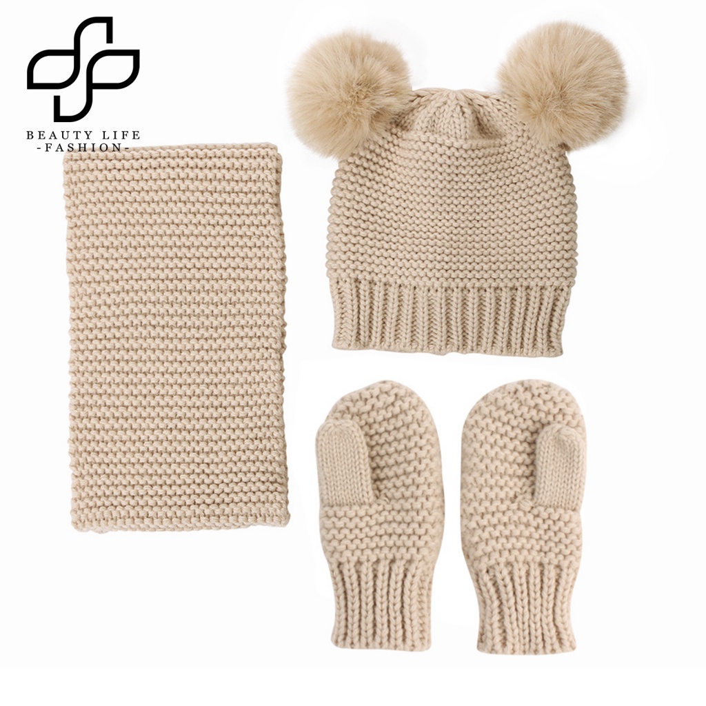 Bộ Nón + Găng Tay Dệt Kim Ấm Áp Màu Trơn Thời Trang Thu Đông Cho Bé