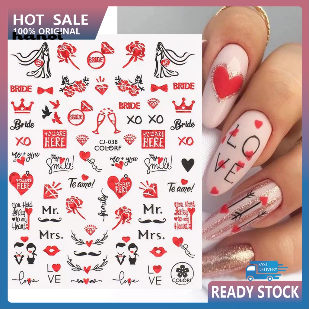 Bộ 2 Miếng Dán Móng Tay Tự Dính Không Phai Màu Chống Rơi Họa Tiết Trái Tim Màu Đỏ Dùng Trang Trí DIY