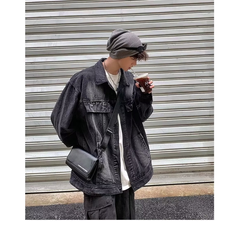Áo Khoác Denim Dáng Rộng Màu Sắc Cà Phê Phong Cách Retro Đường Phố Cho Nam Giới