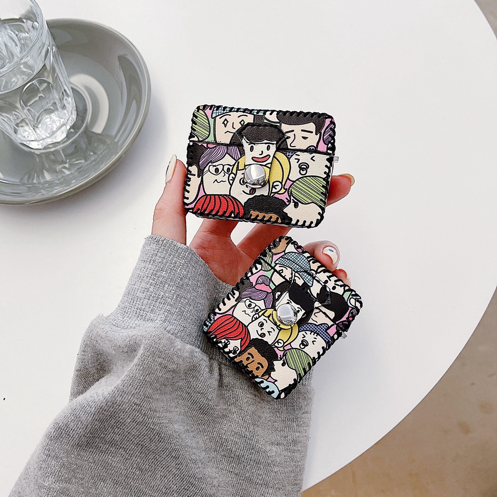 Vỏ Bảo Vệ Hộp Sạc Tai Nghe AirPods 1 2 3 pro2 2022 Bằng Da PU Hình Vuông Họa Tiết Hoạt Hình Sáng Tạo