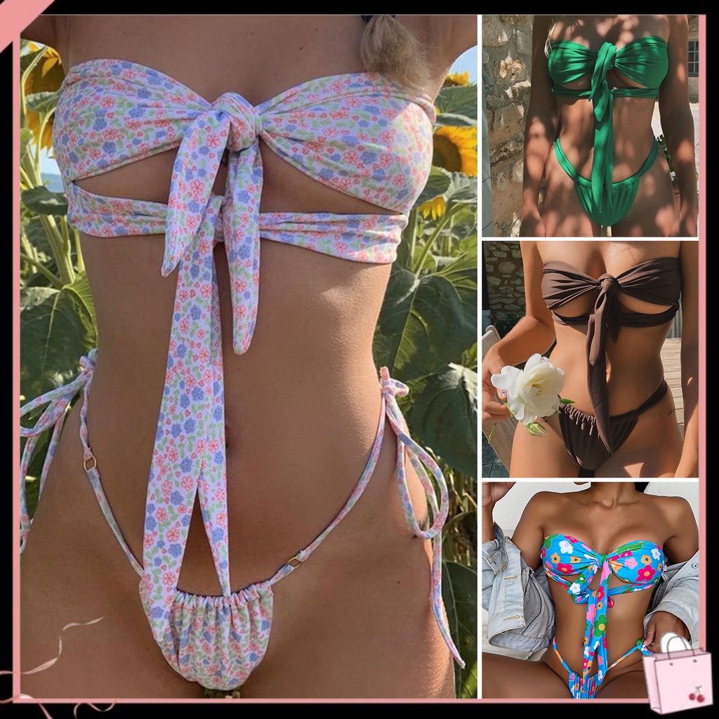 Bộ Đồ Bơi Bikini 2 Mảnh Mềm Mại In Hoa Buộc Dây Thời Trang Mùa Hè Cho Bạn Gái