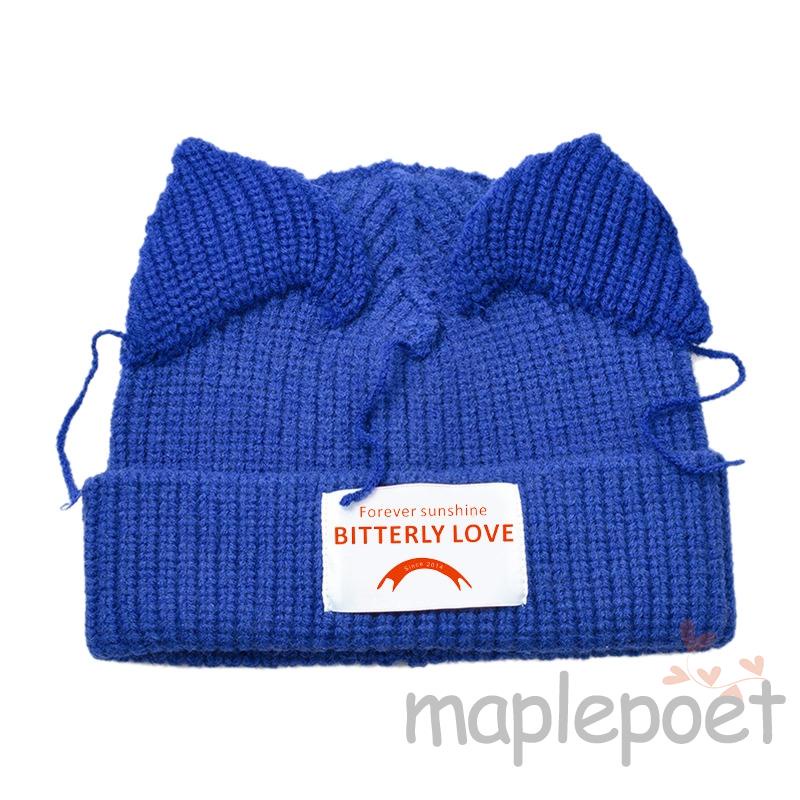 Mũ Len Beanie Dệt Kim In Họa Tiết Tai Mèo Thời Trang Thu Đông Màu Be / Đen / Xanh Dương