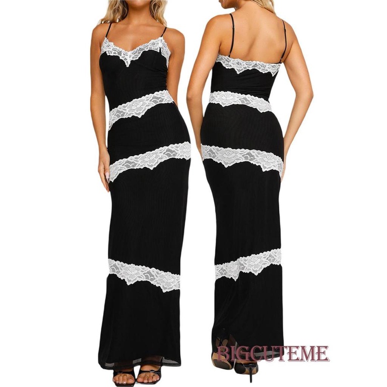 [] - Đầm Dài Không Tay Cổ Chữ V Phối Ren Mùa Hè Cho Nữ